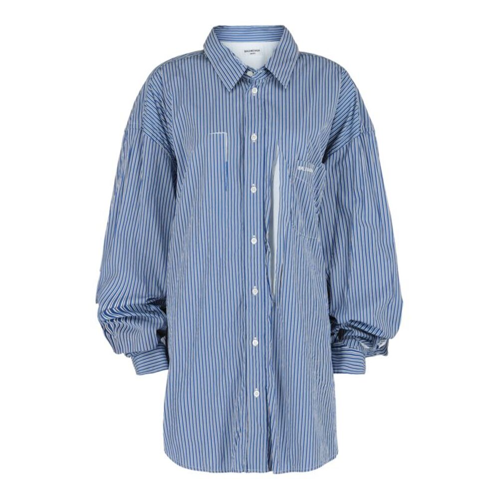 Balenciaga Destroyed Striped Large-Fit Shirt Blue Womens